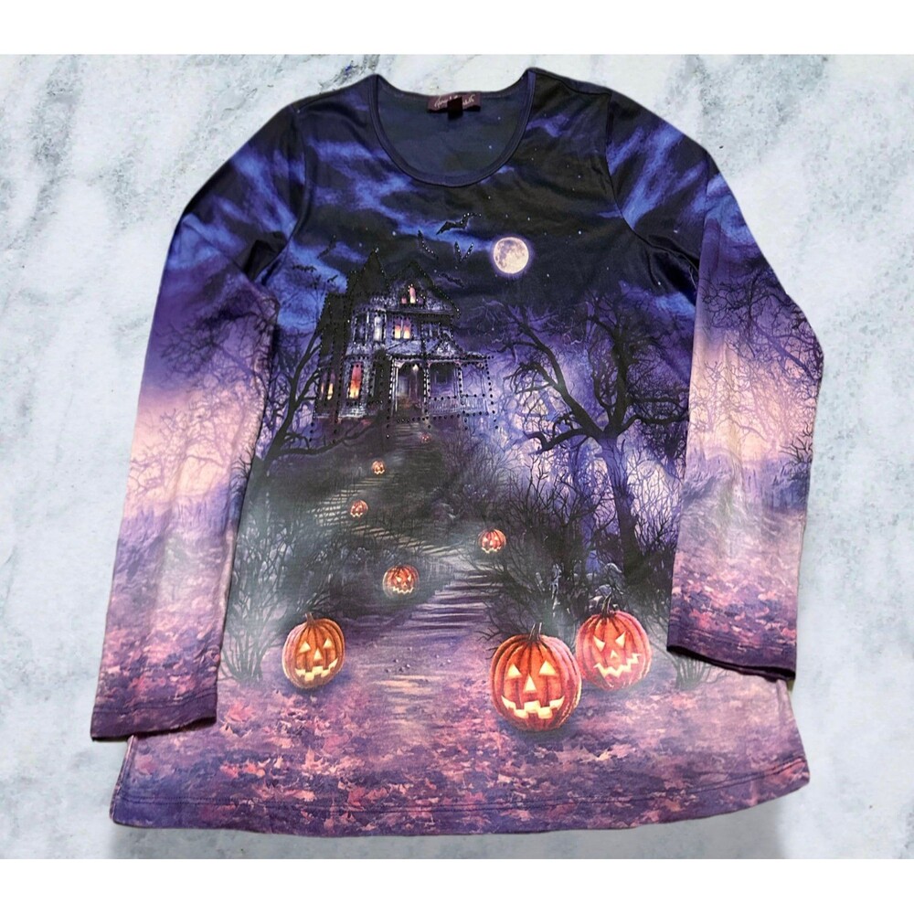 Gloria Vanderbilt Purple Ombre Halloween Pumpkin Long Sleeve Tee L